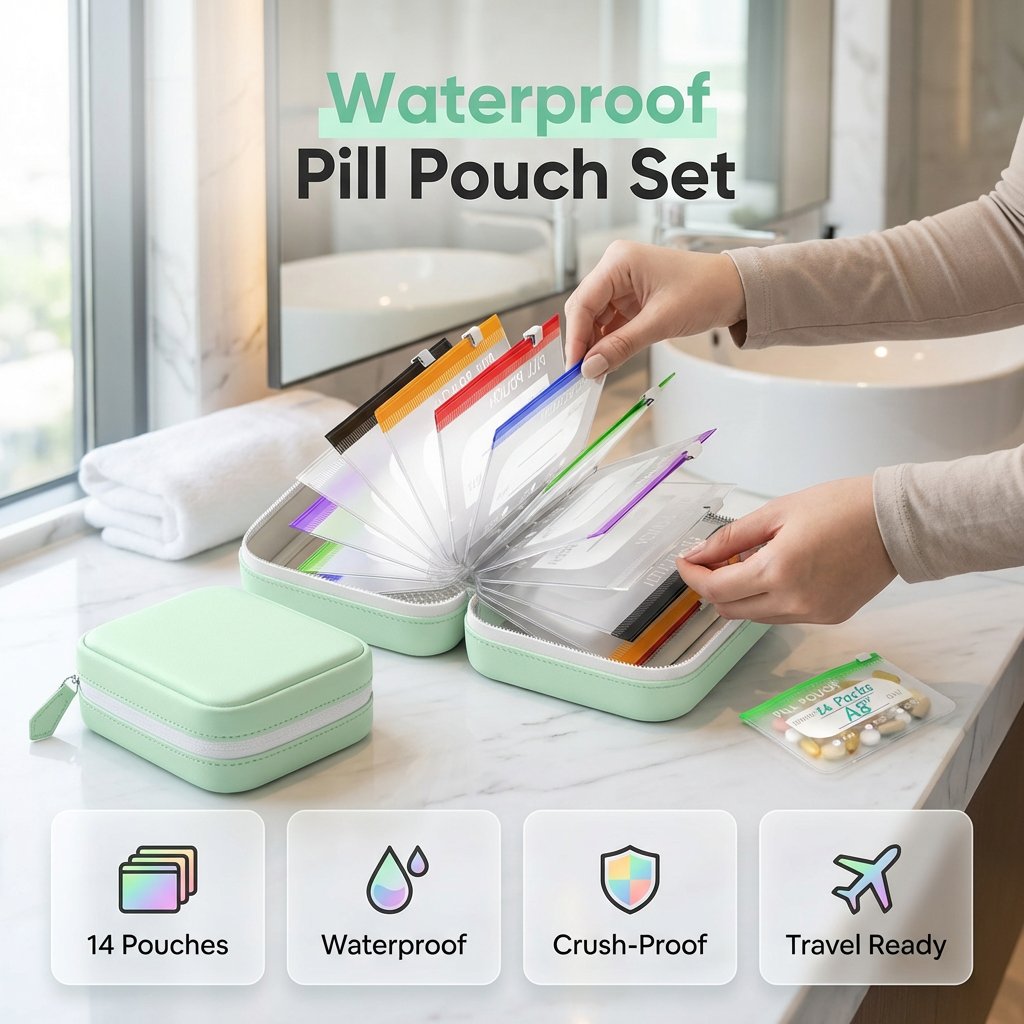 Ensemble de pochettes à pilules étanches A8 – 14 pochettes à code couleur, coque résistante aux chocs, jusqu'à 2 semaines de médicaments !