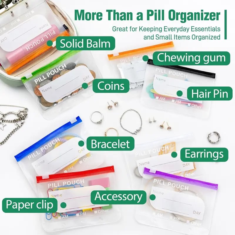 Ensemble de pochettes à pilules étanches A8 – 14 pochettes à code couleur, coque résistante aux chocs, jusqu'à 2 semaines de médicaments !