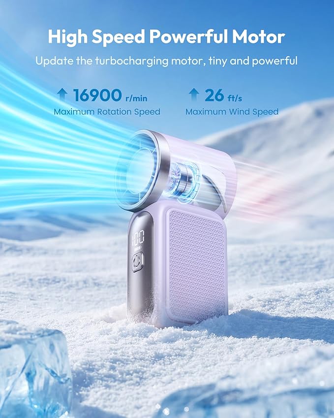 Mini ventilateur portable avec écran LED – Ventilateur turbo de poche à 5 vitesses. Rechargeable par USB, refroidissement rapide pour les voyages et le maquillage. Cadeau parfait. Portable