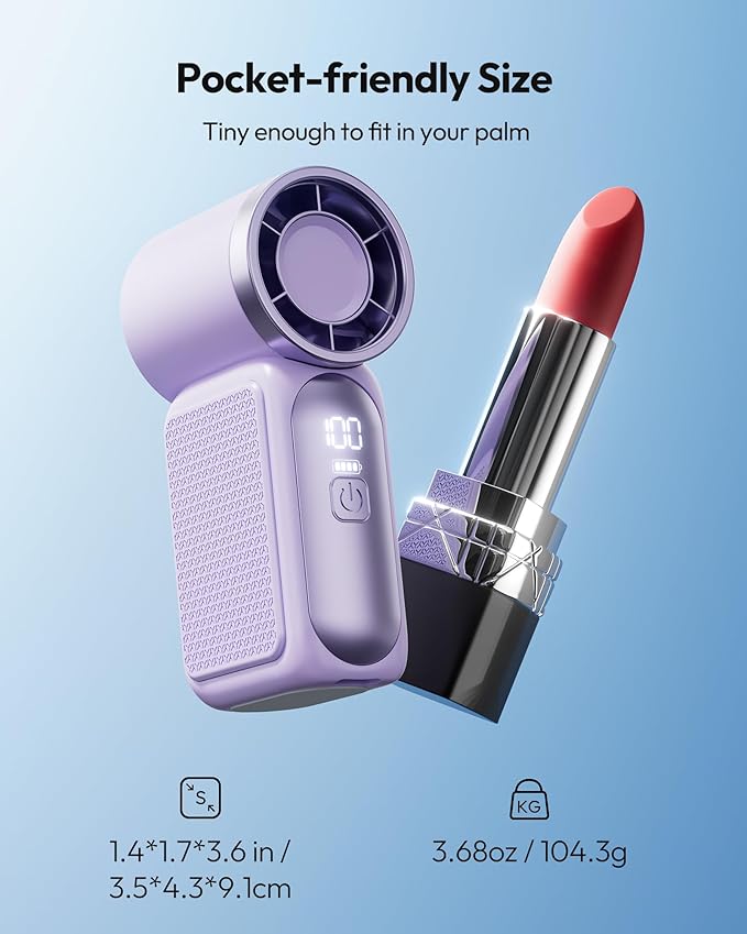 Mini ventilateur portable avec écran LED – Ventilateur turbo de poche à 5 vitesses. Rechargeable par USB, refroidissement rapide pour les voyages et le maquillage. Cadeau parfait. Portable