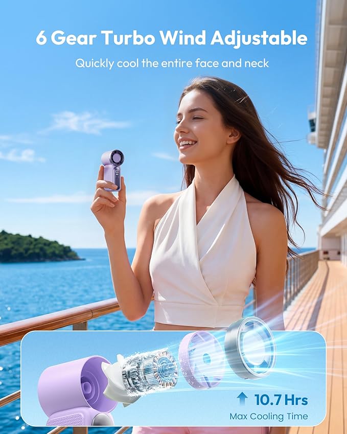 Mini ventilateur portable avec écran LED – Ventilateur turbo de poche à 5 vitesses. Rechargeable par USB, refroidissement rapide pour les voyages et le maquillage. Cadeau parfait. Portable