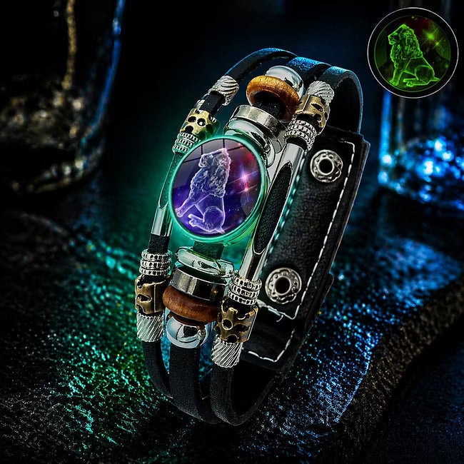 Bracelet en cuir phosphorescent avec signe du zodiaque pour hommes et femmes (17,5/20,5 cm)