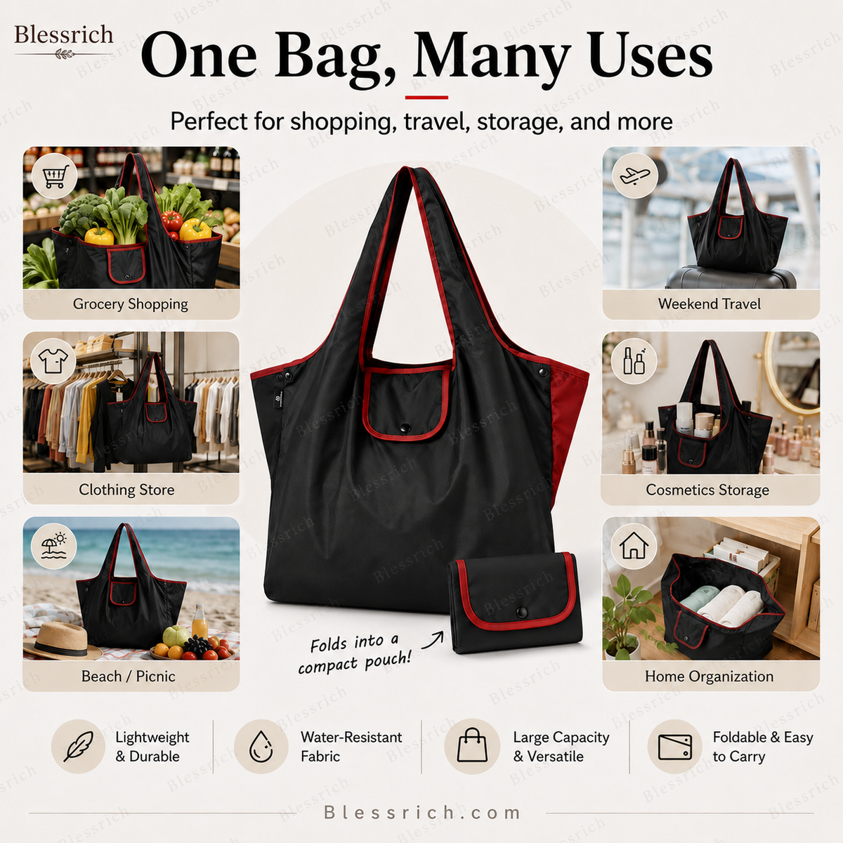 Sac de courses pliable réutilisable – Grande capacité, léger et lavable