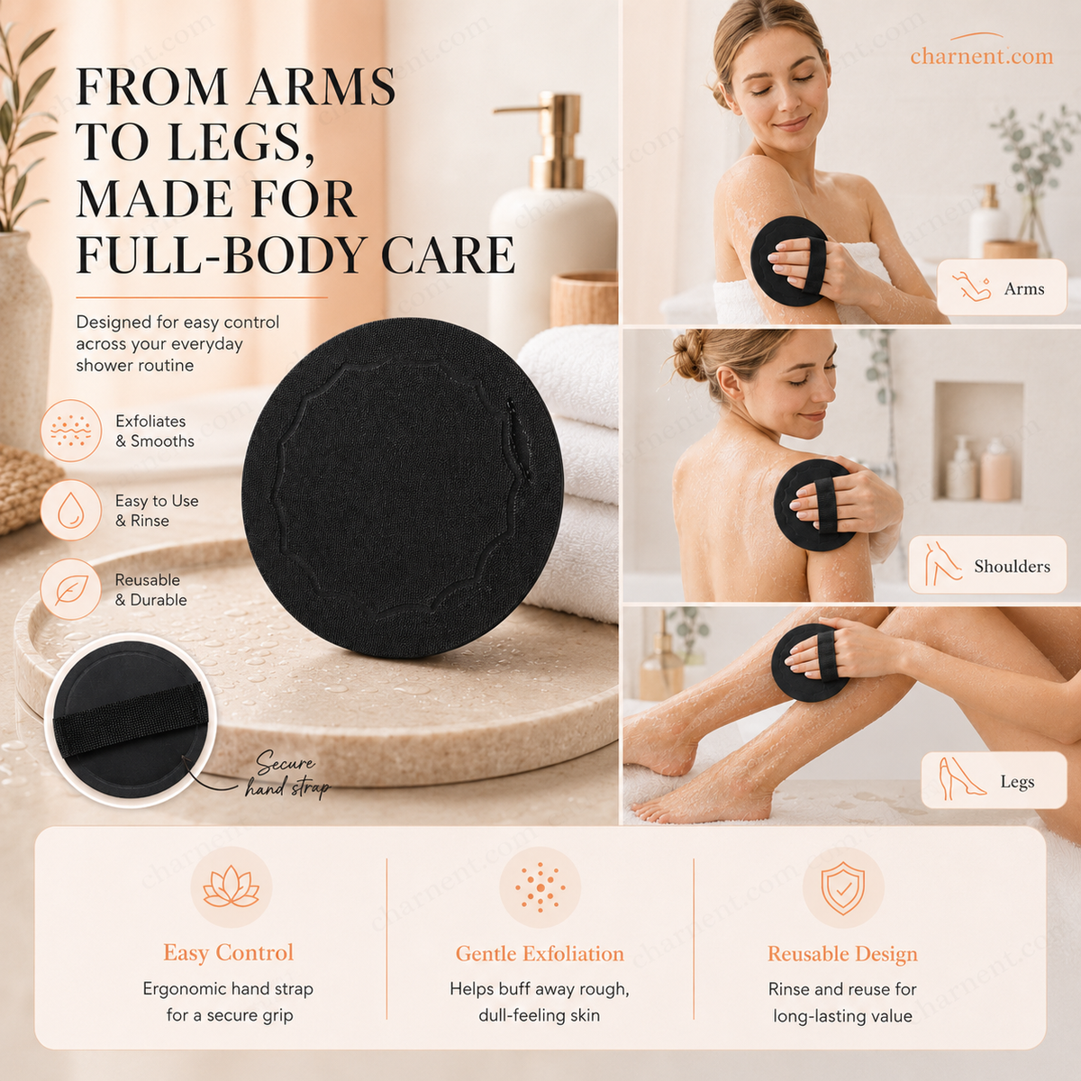Coussinets exfoliants pour le bain – Exfolient en douceur, désobstruent les pores, révèlent une peau plus éclatante. Caoutchouc durable, facile à rincer.