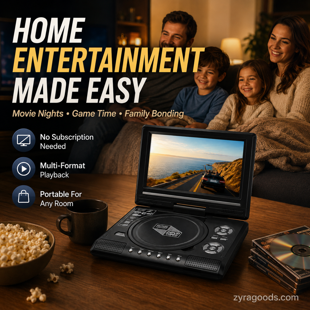 Lecteur DVD/EVD portable HD 7,8 pouces – Grand écran, rechargeable et compatible DVD/CD/USB/SD – Parfait pour la maison et les voyages