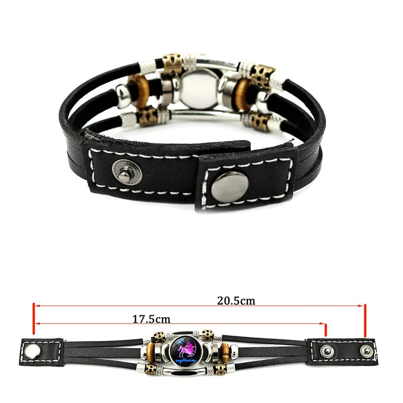 Bracelet en cuir phosphorescent avec signe du zodiaque pour hommes et femmes (17,5/20,5 cm)
