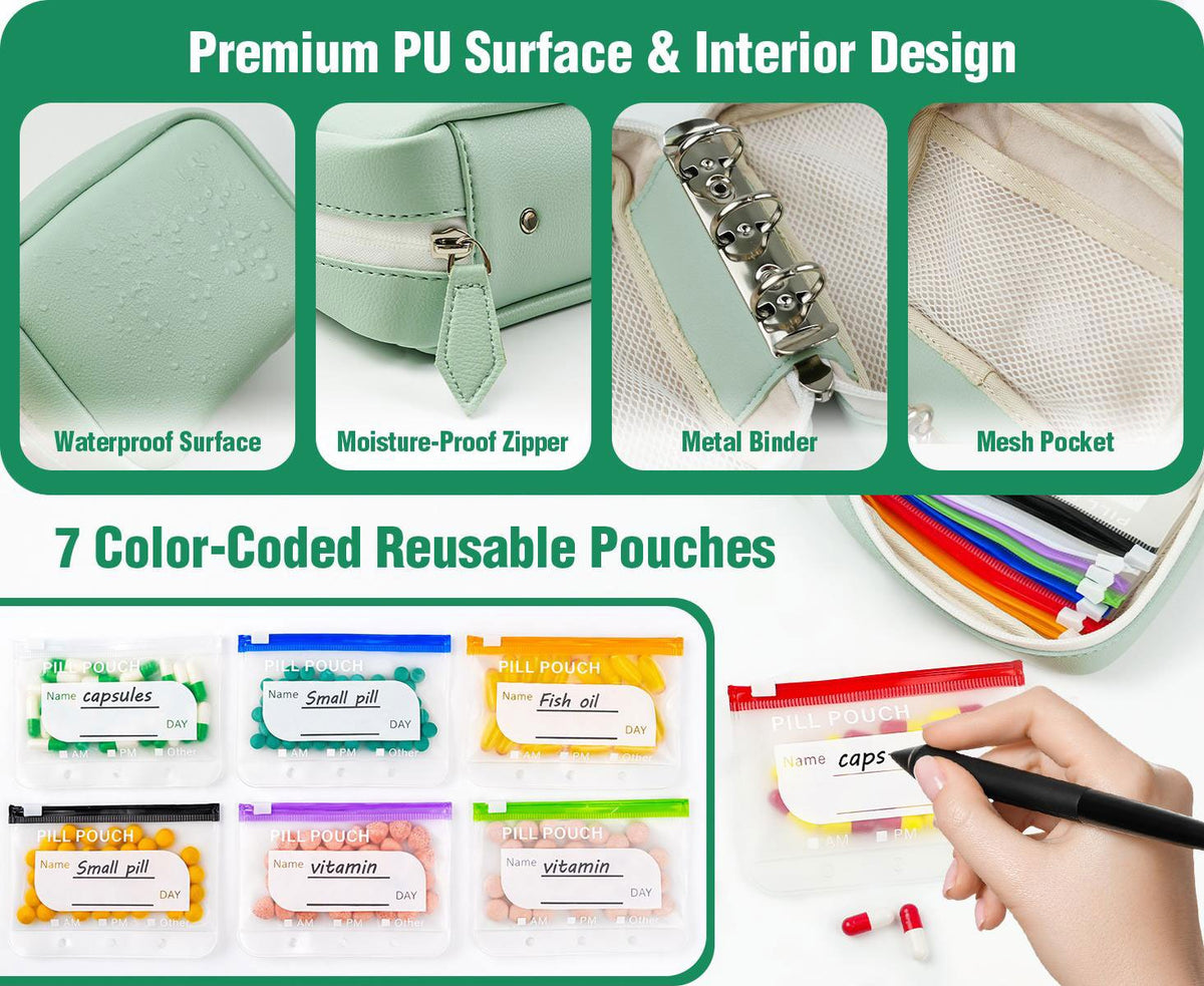 Ensemble de pochettes à pilules étanches A8 – 14 pochettes à code couleur, coque résistante aux chocs, jusqu'à 2 semaines de médicaments !