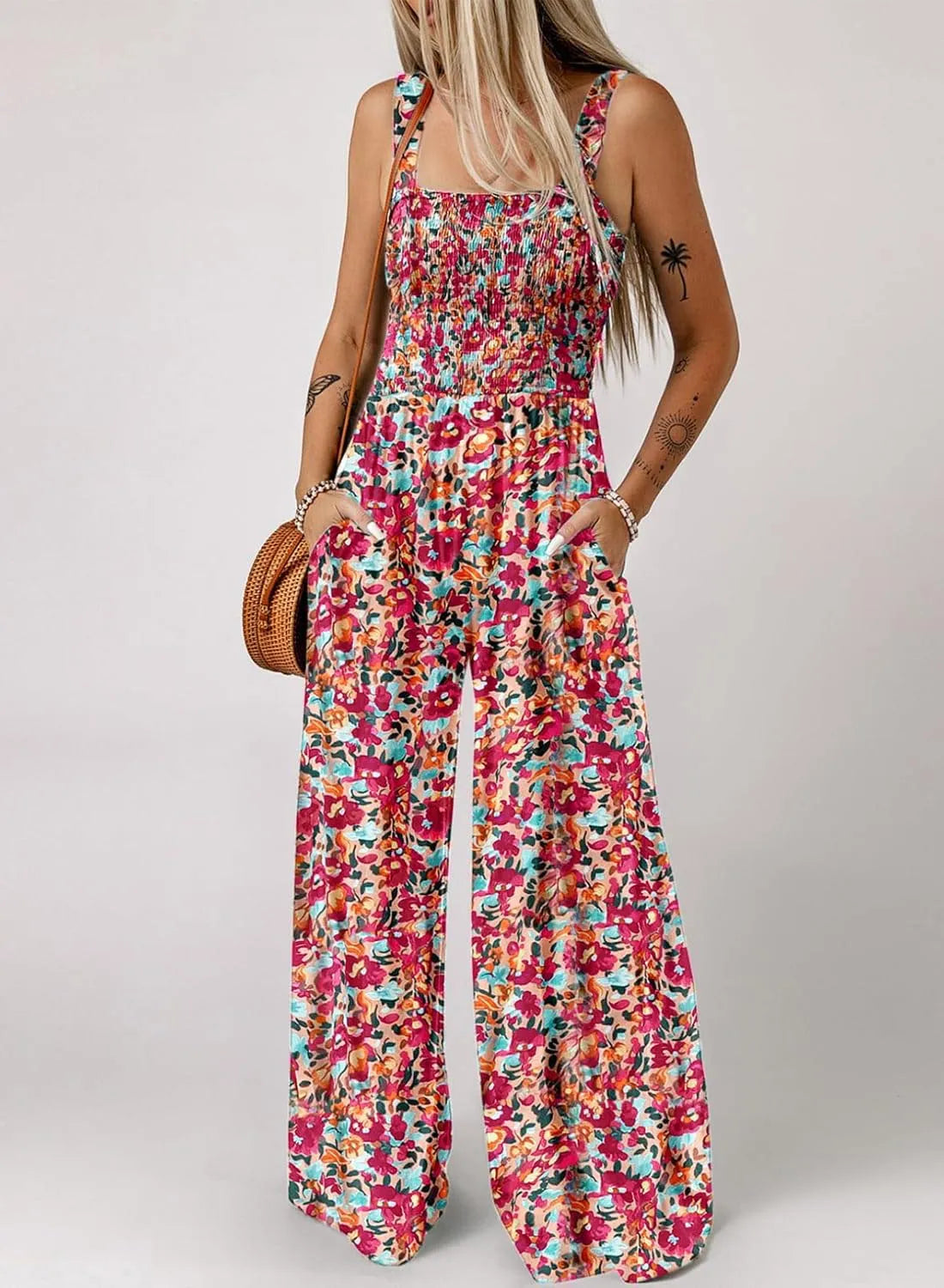 COMBINAISON NOW! pour femme sans manches à imprimé floral – Buste smocké et jambes larges, chic estival