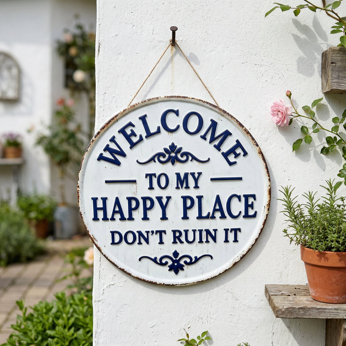 Enseigne ronde en métal vintage – « Welcome to My Happy Place Don’t Ruin It » Décoration murale de jardin