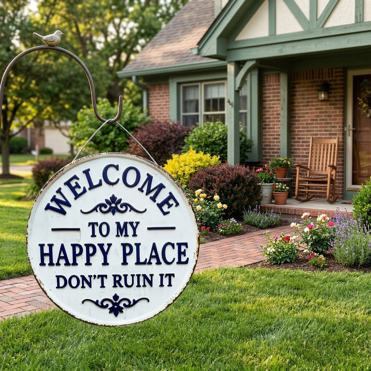 Enseigne ronde en métal vintage – « Welcome to My Happy Place Don’t Ruin It » Décoration murale de jardin