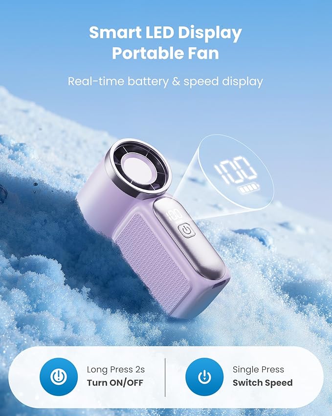 Mini ventilateur portable avec écran LED – Ventilateur turbo de poche à 5 vitesses. Rechargeable par USB, refroidissement rapide pour les voyages et le maquillage. Cadeau parfait. Portable