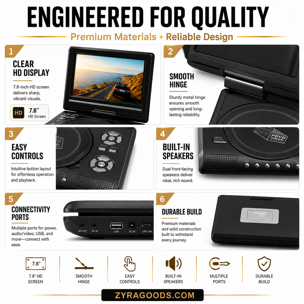 Lecteur DVD/EVD portable HD 7,8 pouces – Grand écran, rechargeable et compatible DVD/CD/USB/SD – Parfait pour la maison et les voyages