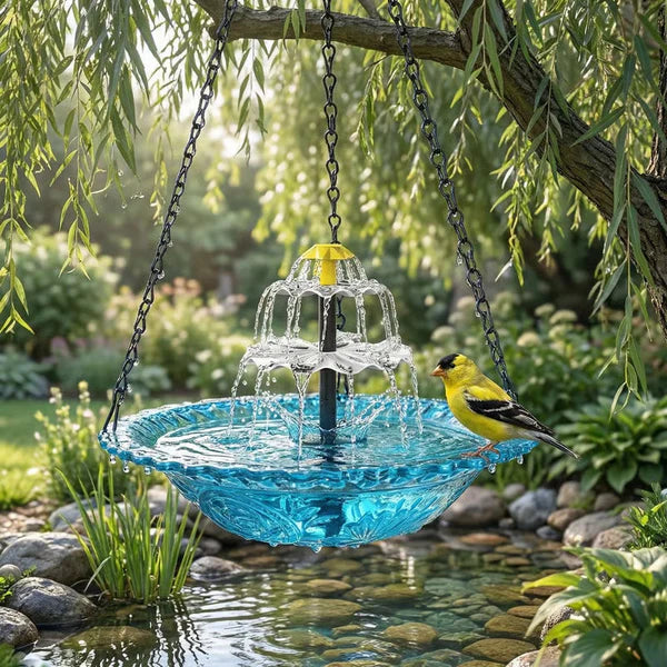 Fontaine de bain pour oiseaux suspendue à cascade solaire