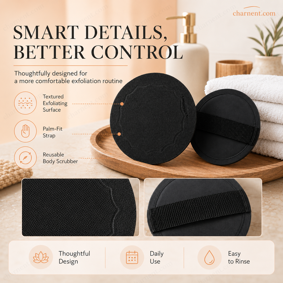 Coussinets exfoliants pour le bain – Exfolient en douceur, désobstruent les pores, révèlent une peau plus éclatante. Caoutchouc durable, facile à rincer.
