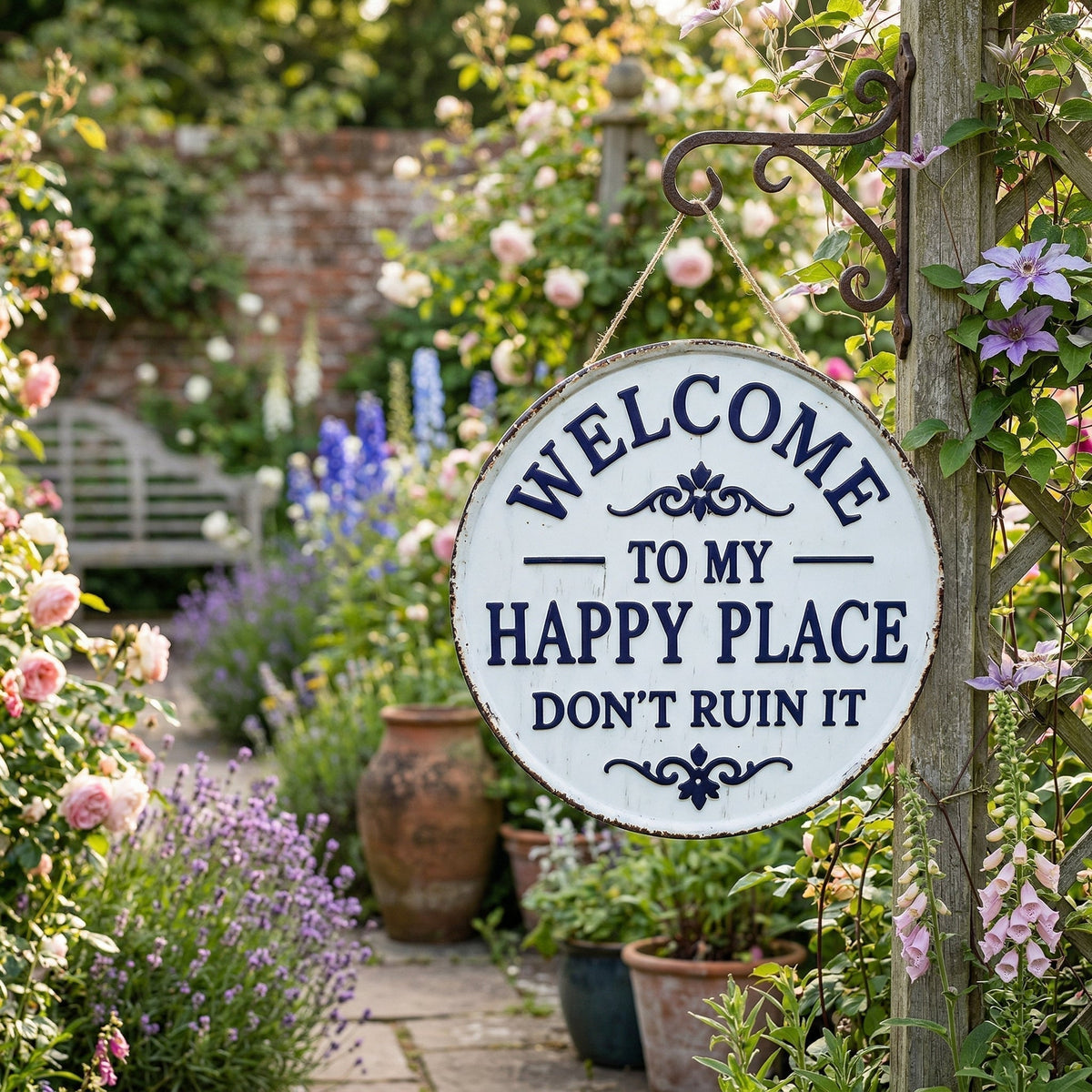 Enseigne ronde en métal vintage – « Welcome to My Happy Place Don’t Ruin It » Décoration murale de jardin