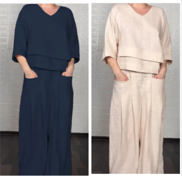 Ensemble 2 pièces en coton et lin à ourlet irrégulier – Haut à col en V + pantalon large, respirant et élégant sans effort