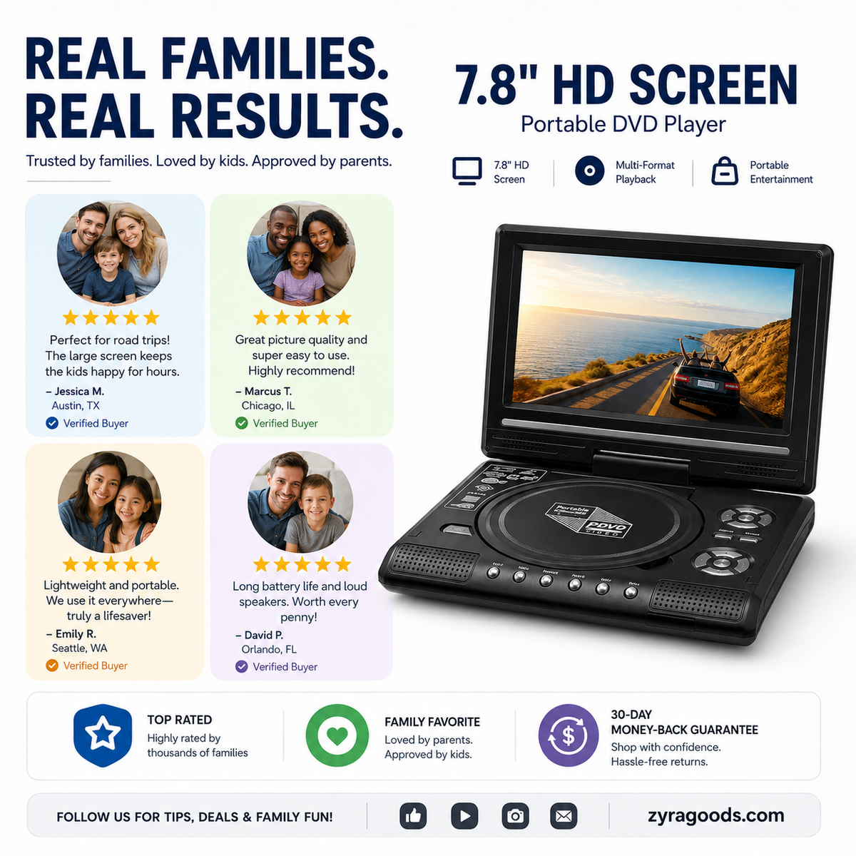 Lecteur DVD/EVD portable HD 7,8 pouces – Grand écran, rechargeable et compatible DVD/CD/USB/SD – Parfait pour la maison et les voyages