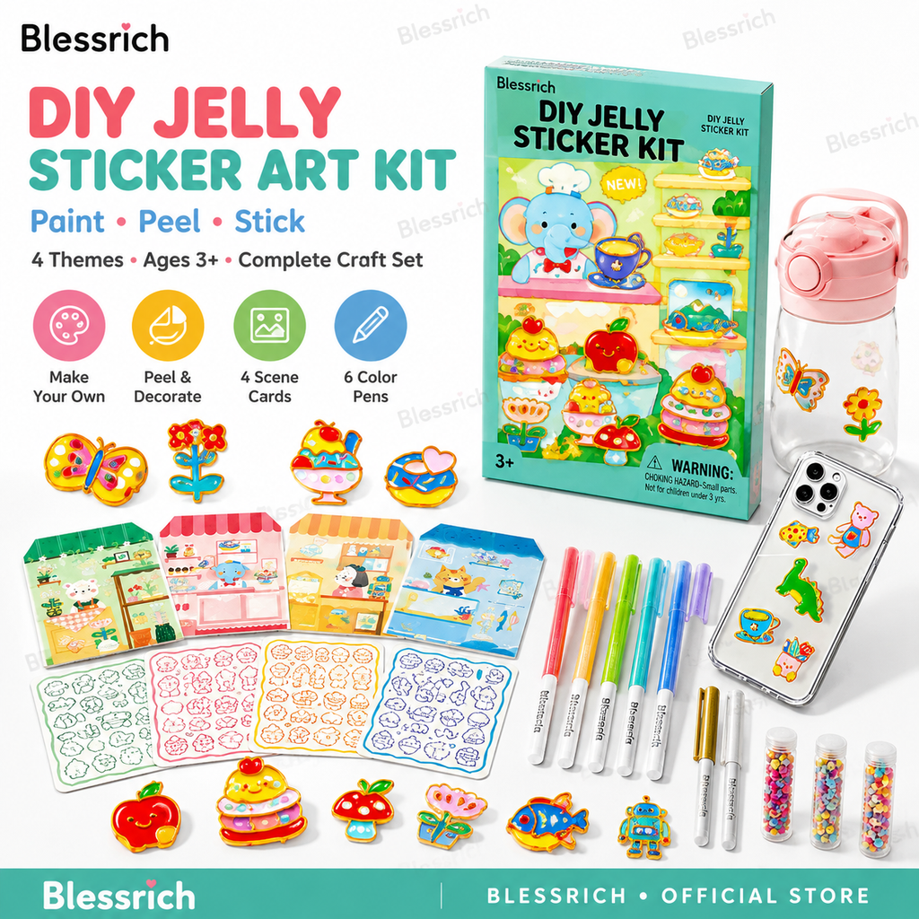 Crée tes propres autocollants en gel ! Kit de peinture, décolle et colle pour enfants, 4 thèmes amusants + kit de bricolage complet