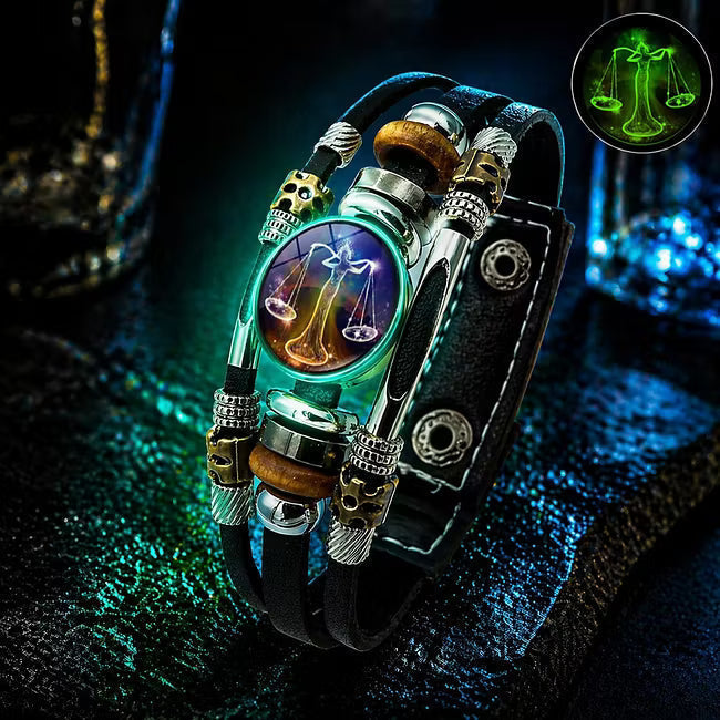 Bracelet en cuir phosphorescent avec signe du zodiaque pour hommes et femmes (17,5/20,5 cm)