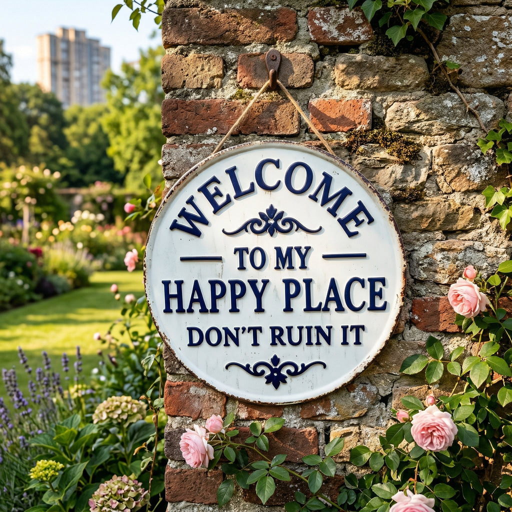 Enseigne ronde en métal vintage – « Welcome to My Happy Place Don’t Ruin It » Décoration murale de jardin