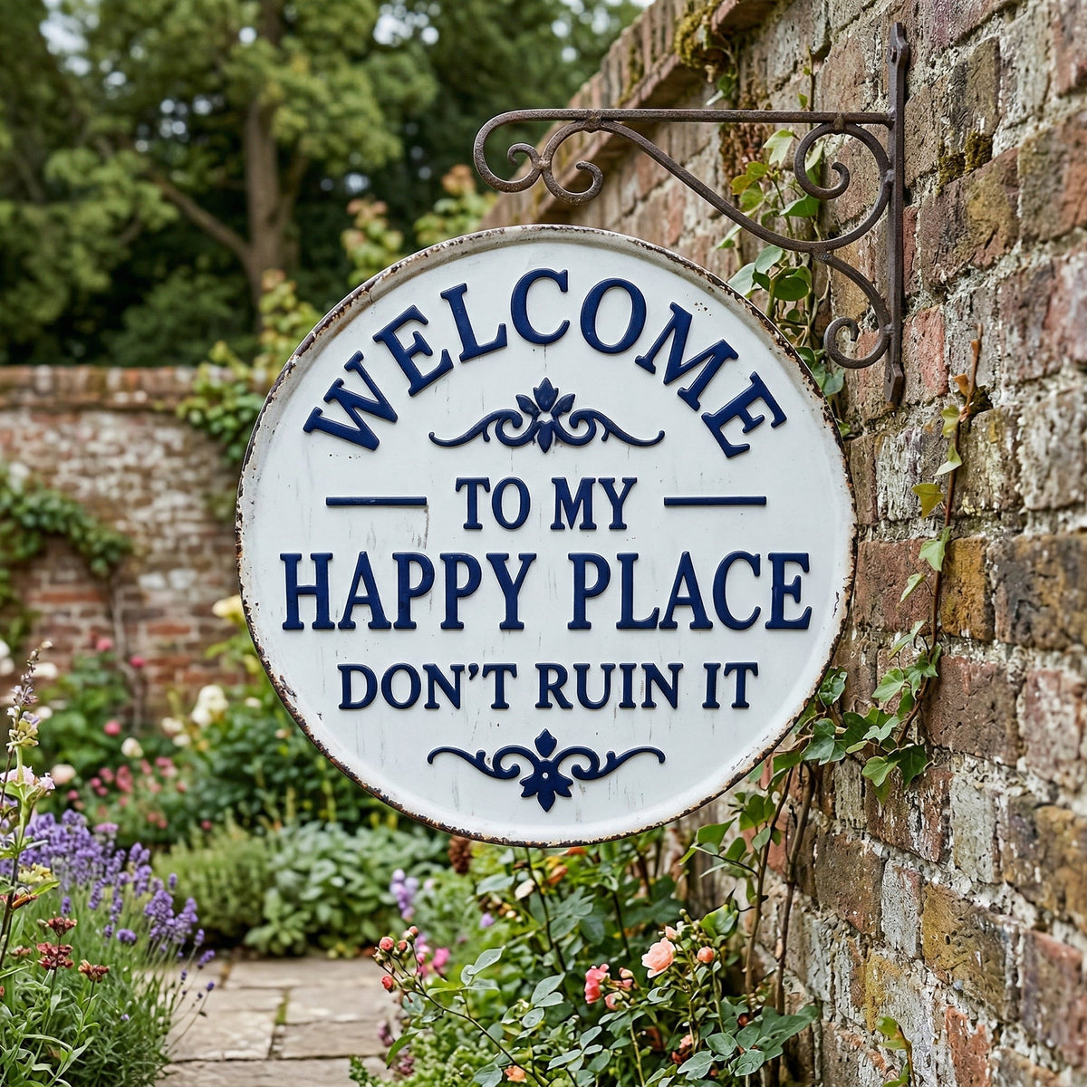 Enseigne ronde en métal vintage – « Welcome to My Happy Place Don’t Ruin It » Décoration murale de jardin