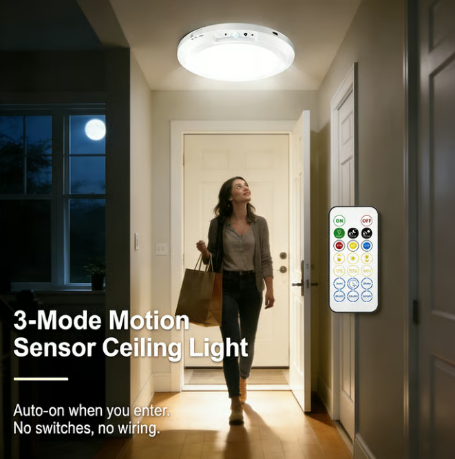 Plafonnier rechargeable à détecteur de mouvement avec télécommande