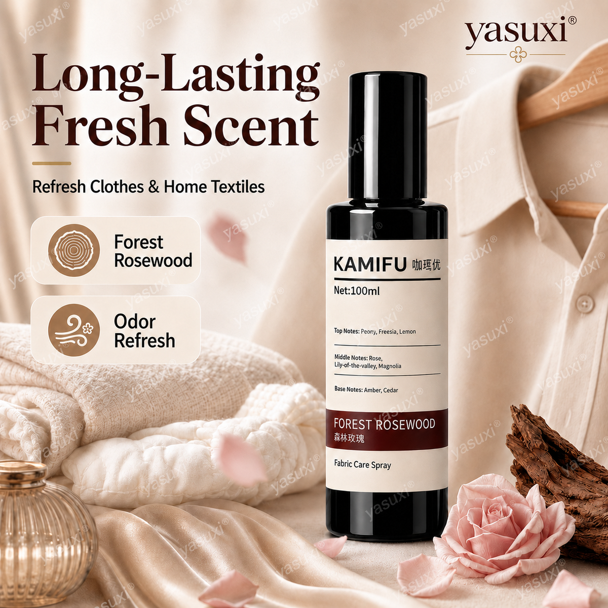 Rides envolées, parfum de rose en prime — Bois de rose forestier, vaporisez et portez, élégance assurée partout.