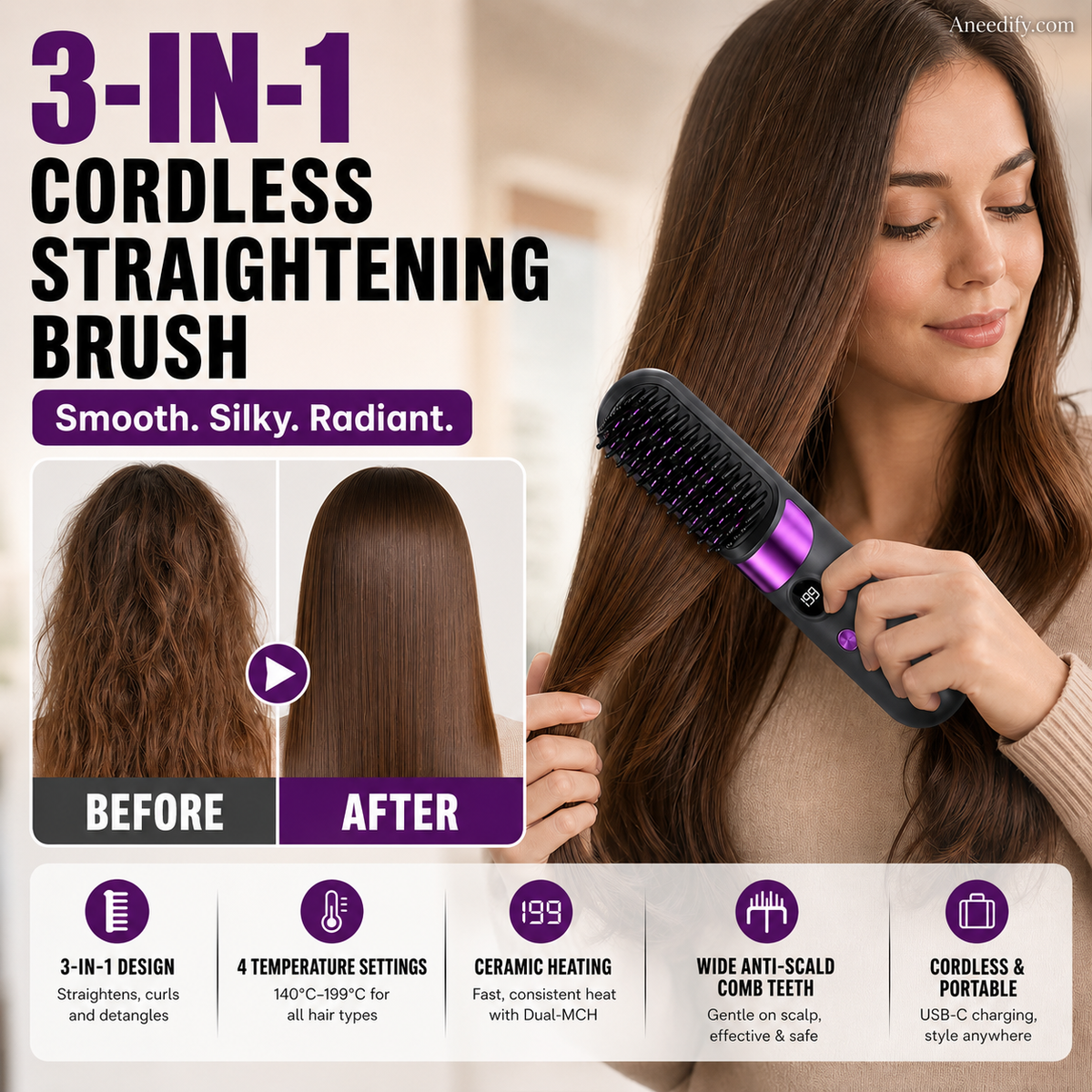 Brosse lissante sans fil 3 en 1 2026 : lissez, bouclez et démêlez avec 4 réglages de température. Des dents plus larges pour éviter les brûlures : sans danger pour le coiffage quotidien !