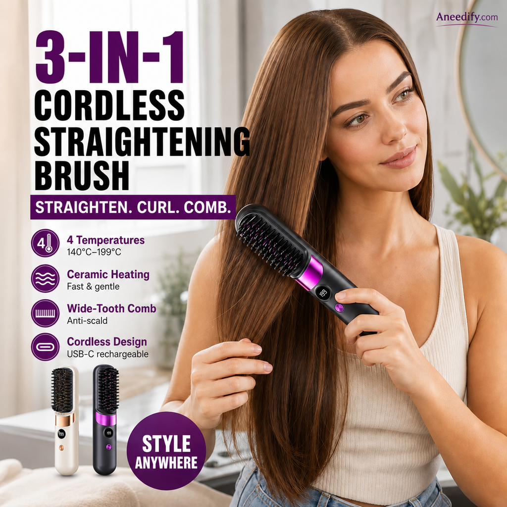 Brosse lissante sans fil 3 en 1 2026 : lissez, bouclez et démêlez avec 4 réglages de température. Des dents plus larges pour éviter les brûlures : sans danger pour le coiffage quotidien !