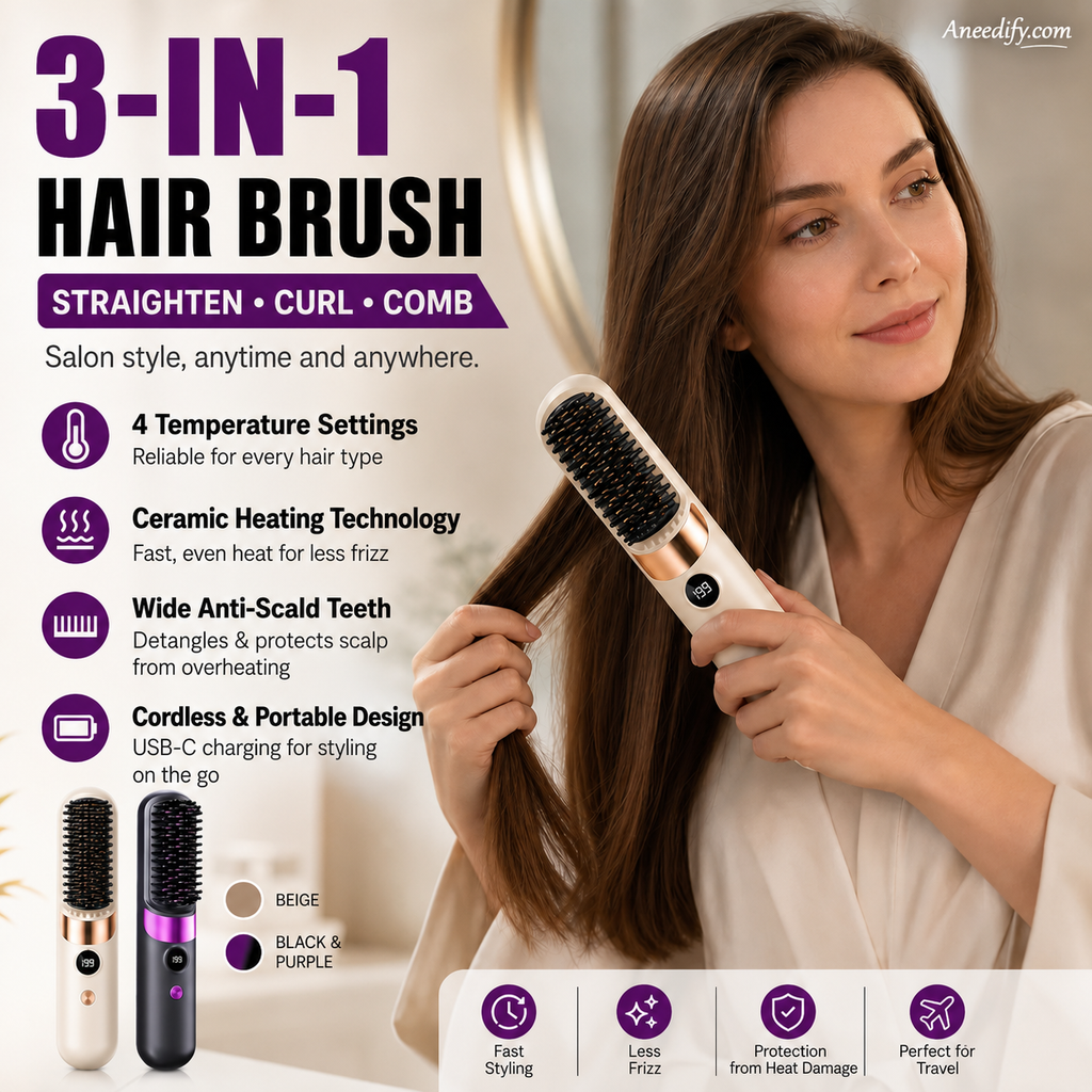 Brosse lissante sans fil 3 en 1 2026 : lissez, bouclez et démêlez avec 4 réglages de température. Des dents plus larges pour éviter les brûlures : sans danger pour le coiffage quotidien !
