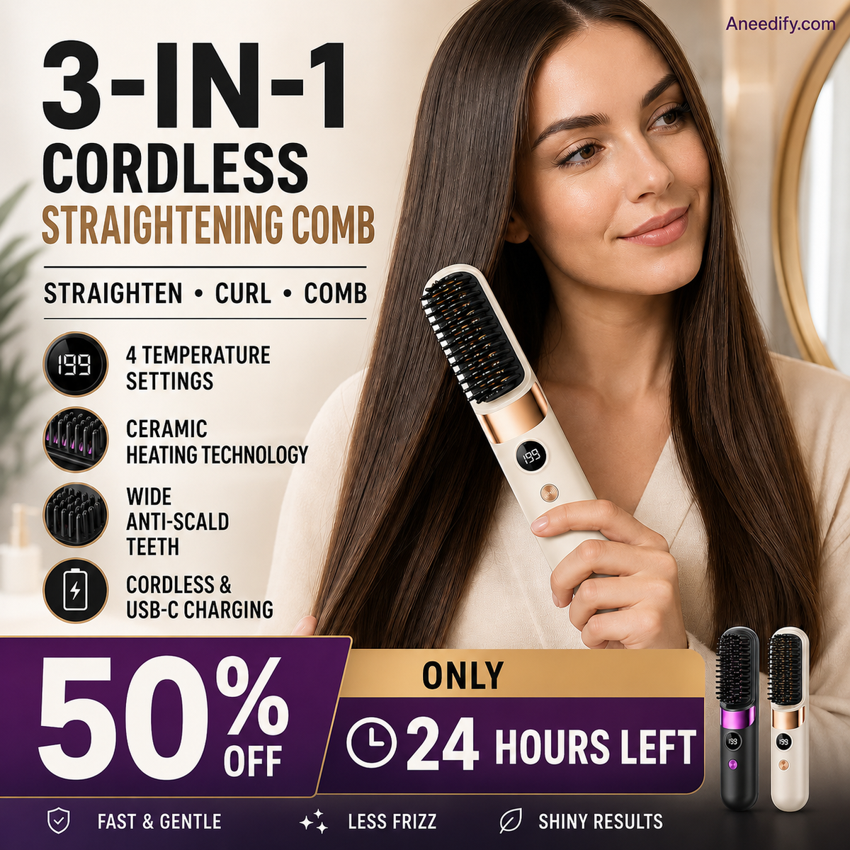 Brosse lissante sans fil 3 en 1 2026 : lissez, bouclez et démêlez avec 4 réglages de température. Des dents plus larges pour éviter les brûlures : sans danger pour le coiffage quotidien !