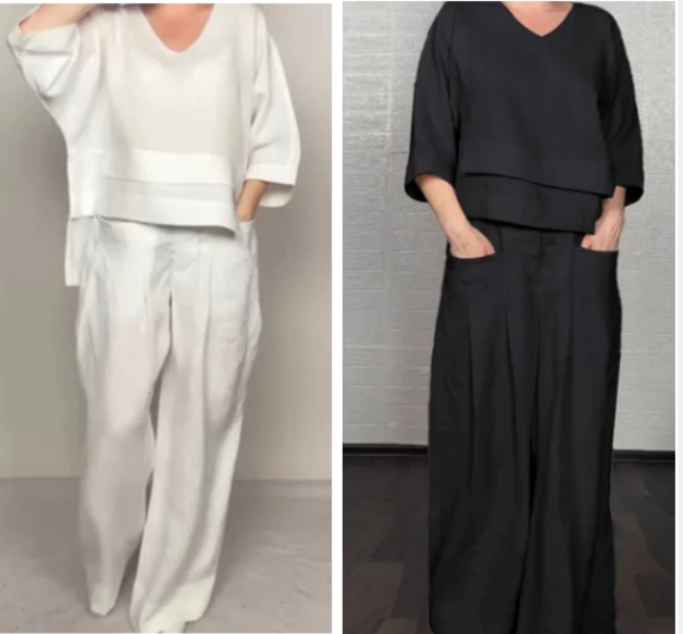 Ensemble 2 pièces en coton et lin à ourlet irrégulier – Haut à col en V + pantalon large, respirant et élégant sans effort