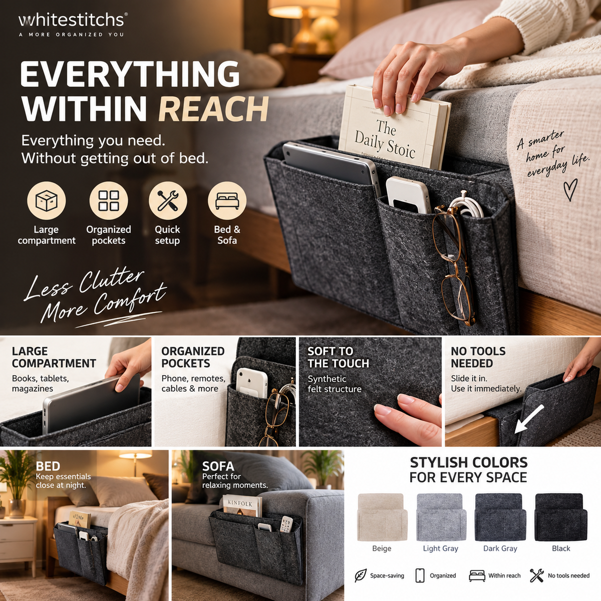 Organisez votre chevet instantanément ! Organisateur de rangement coulissant sans outils