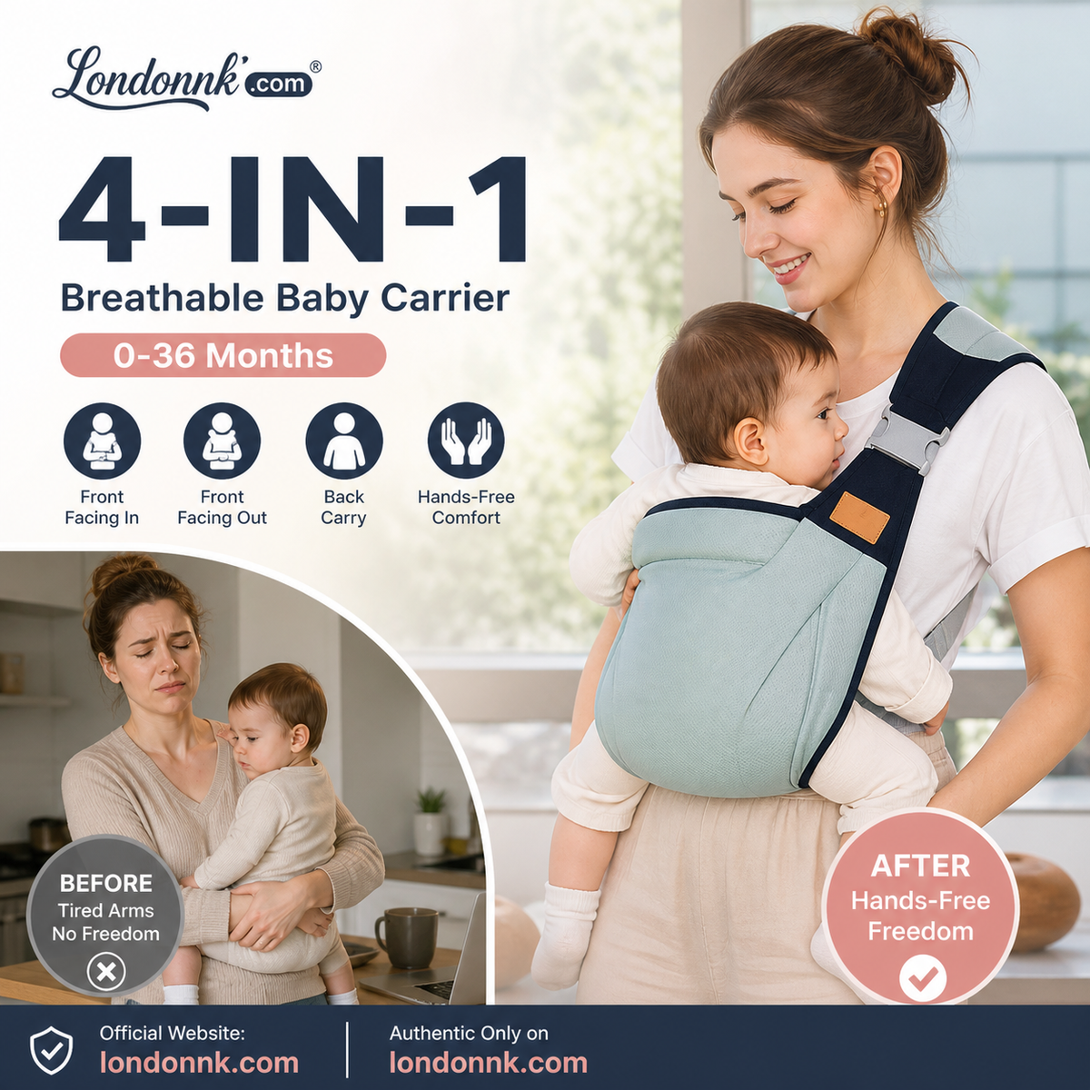 Porte-bébé respirant 4-en-1 – 0-36 Mois, ventral/dorsal/face au parent/face au monde – Confort mains libres pour le parent et le bébé !