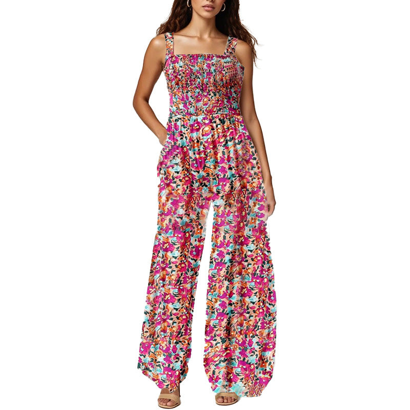 COMBINAISON NOW! pour femme sans manches à imprimé floral – Buste smocké et jambes larges, chic estival