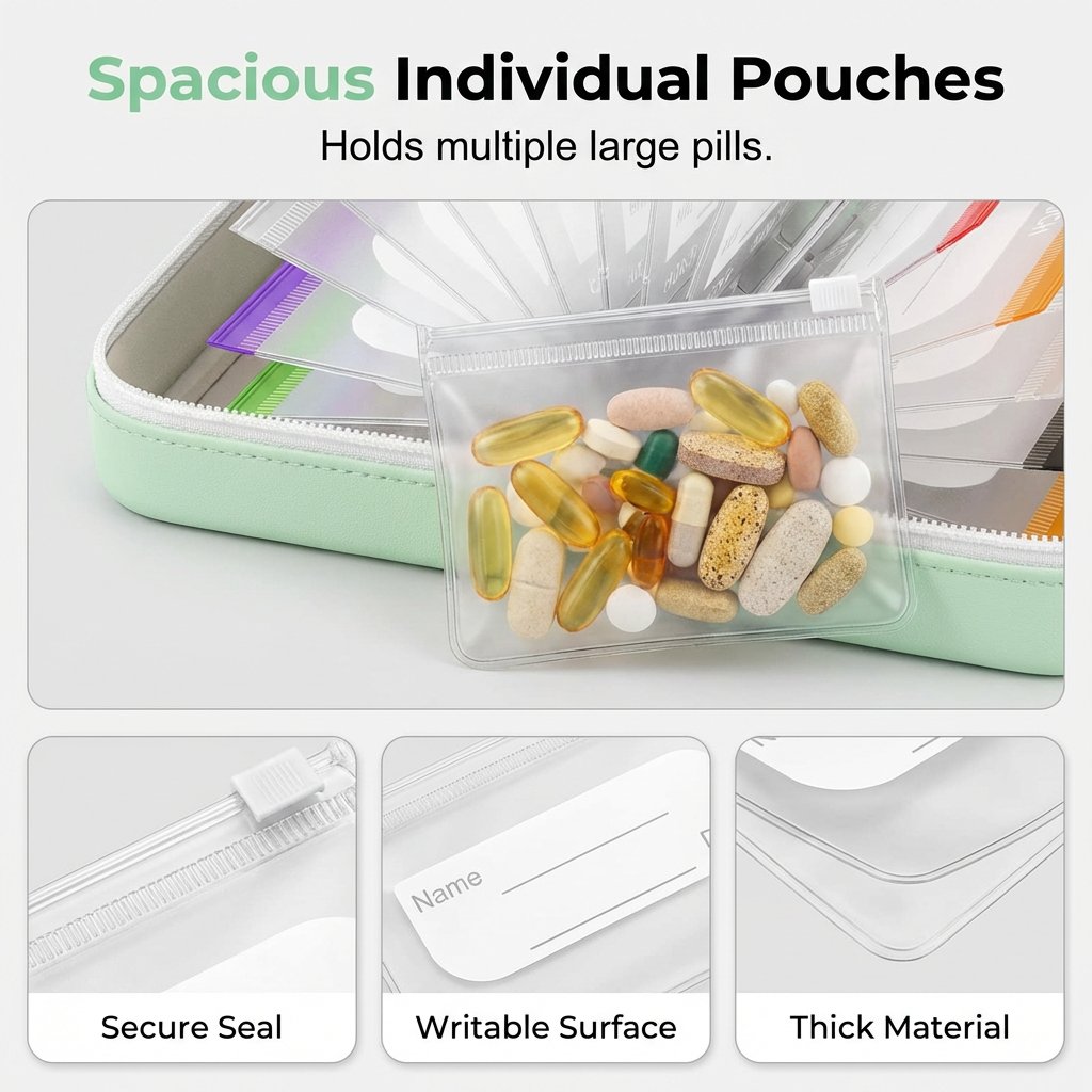 Ensemble de pochettes à pilules étanches A8 – 14 pochettes à code couleur, coque résistante aux chocs, jusqu'à 2 semaines de médicaments !