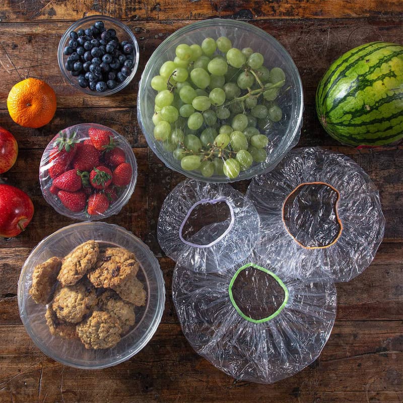 100 pièces de film étirable jetable pour bols et assiettes, couvercles élastiques pour récipients, alternative au film plastique pour les restes, les fruits, les légumes et les aliments.