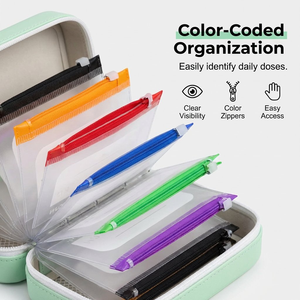 Ensemble de pochettes à pilules étanches A8 – 14 pochettes à code couleur, coque résistante aux chocs, jusqu'à 2 semaines de médicaments !