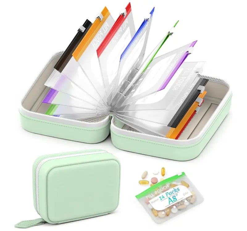 Ensemble de pochettes à pilules étanches A8 – 14 pochettes à code couleur, coque résistante aux chocs, jusqu'à 2 semaines de médicaments !