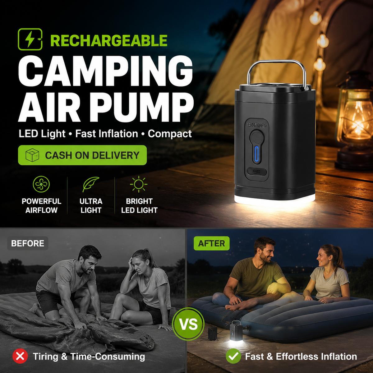 Pompe à air de camping rechargeable – Lumière LED, gonflage rapide, compacte
