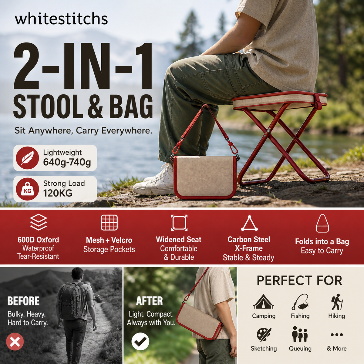 Chaise pliante d'extérieur 2-en-1 avec sac