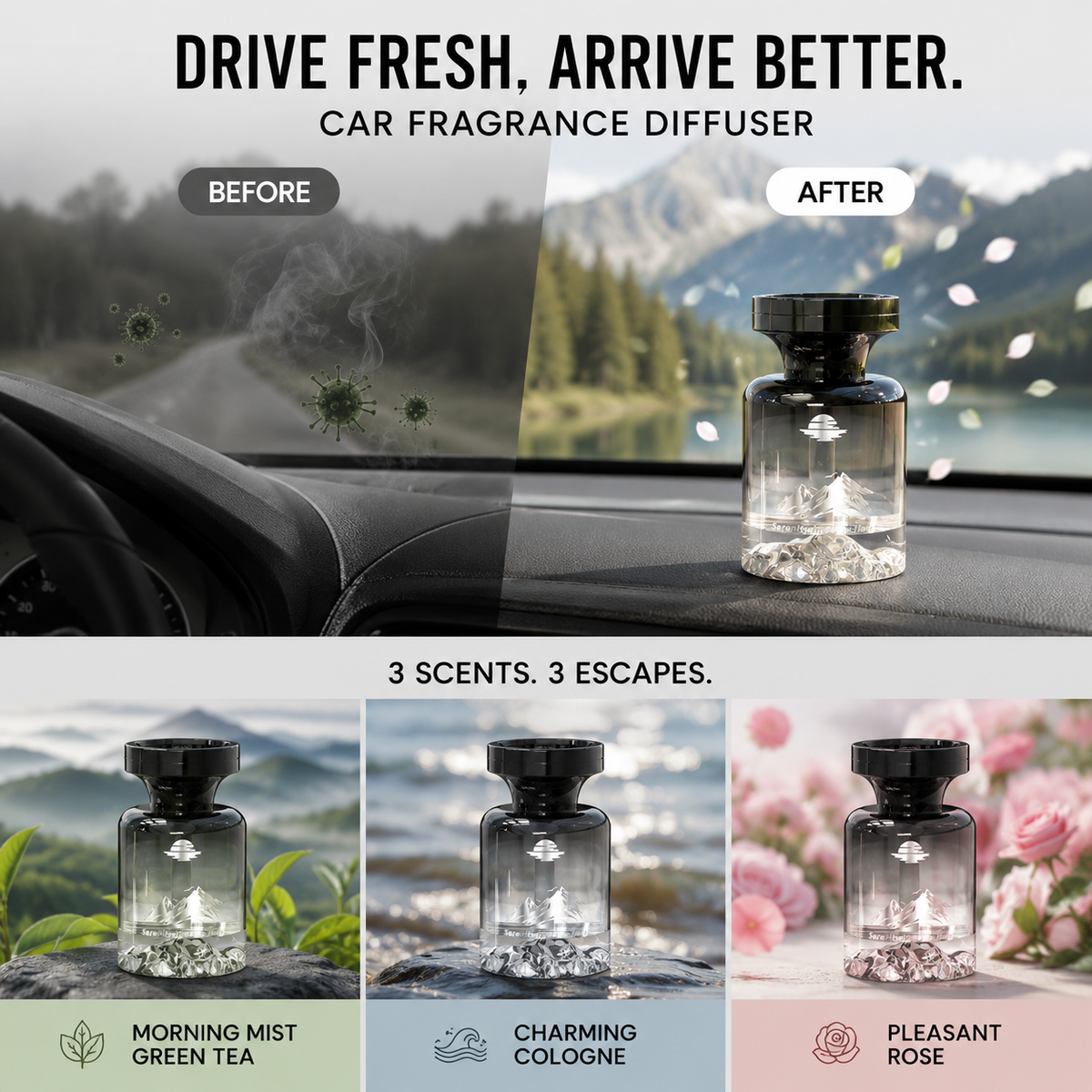 Désodorisant longue durée pour voiture 2026 – Extraits de plantes naturelles, élimine les odeurs de fumée et d'animaux. Des semaines de fraîcheur. Design montagne. Respirez sereinement !
