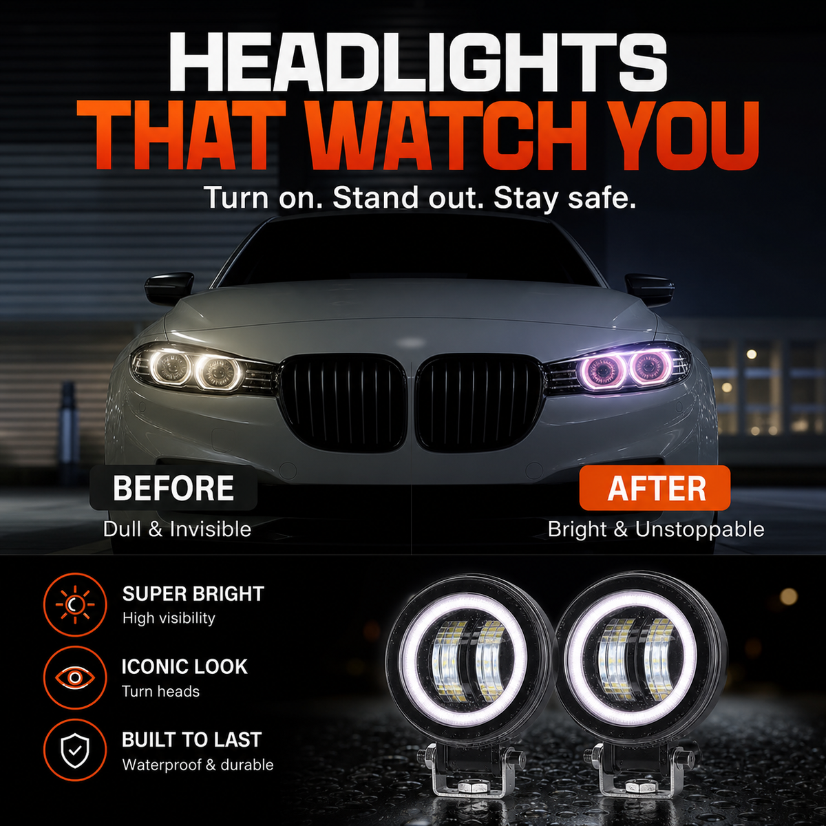 Projecteur de travail à LED rond 20 W pour automobile, lampe tout-terrain, lampe de travail, projecteur antibrouillard avec anneau lumineux et Angel Eyes, lumière blanche par défaut