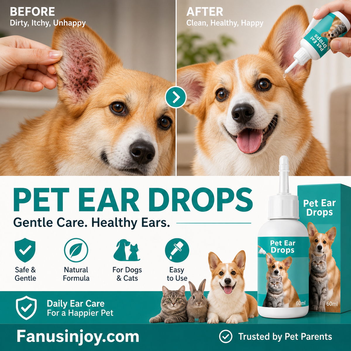 Gouttes Nettoyantes Douces pour les Oreilles d'Animaux – Dites Adieu aux Maladies du Conduit Auditif Externe