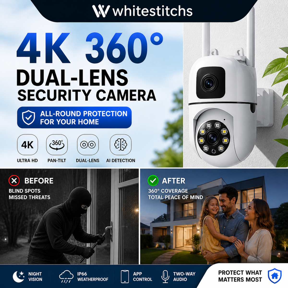 Caméra de sécurité WiFi extérieure à double objectif 4K Pan & Tilt 360°