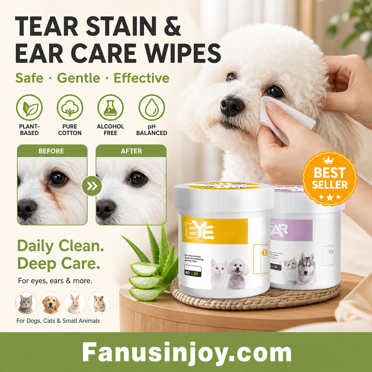 Surprise ! Garder votre ami à quatre pattes propre est essentiel ! Lingettes nettoyantes naturelles à base de plantes pour les yeux et les oreilles des animaux.