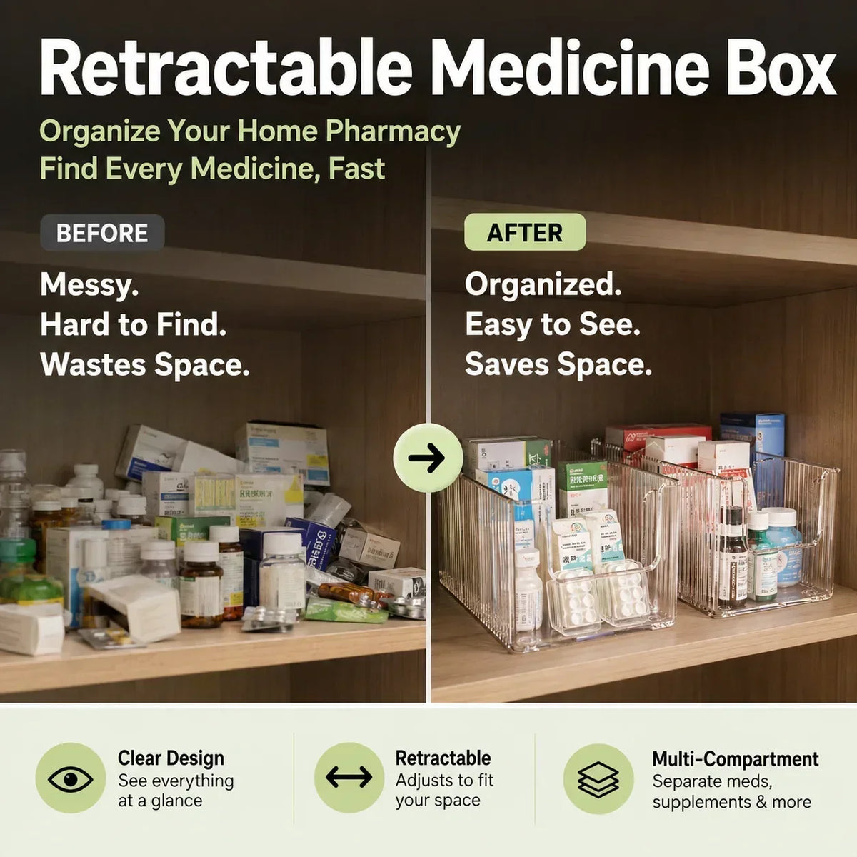 Organisateur de médicaments extensible transparent — extensible, parfait pour une armoire à pharmacie bien rangée