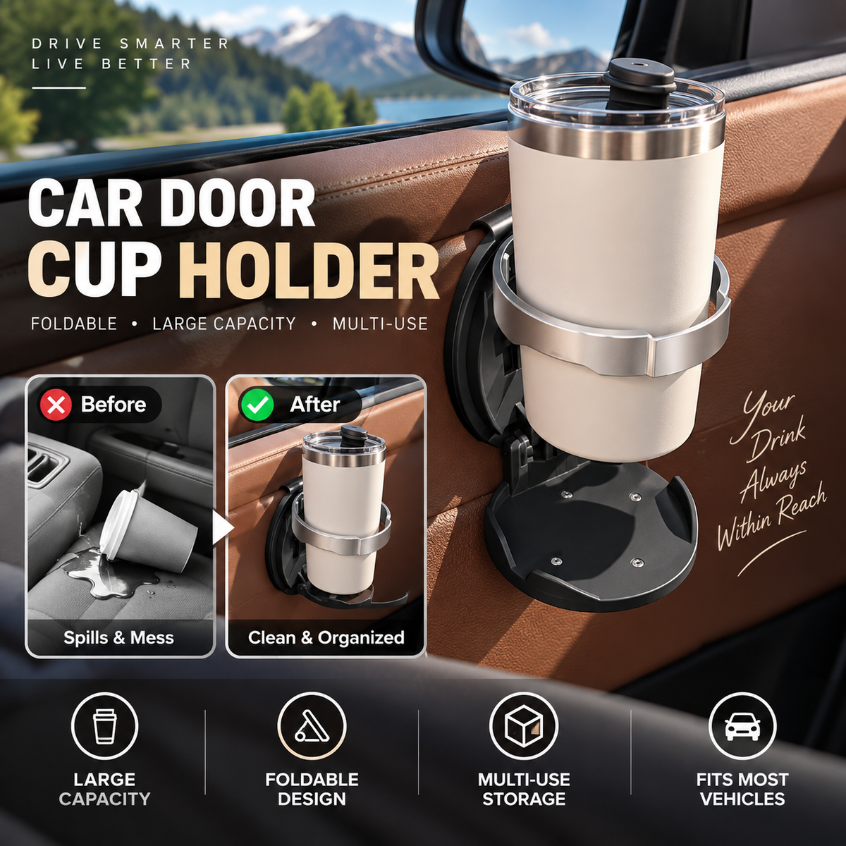 Porte-gobelet de voiture pliable multifonctionnel, support de rangement pour boissons et bouteilles d'eau à grand diamètre