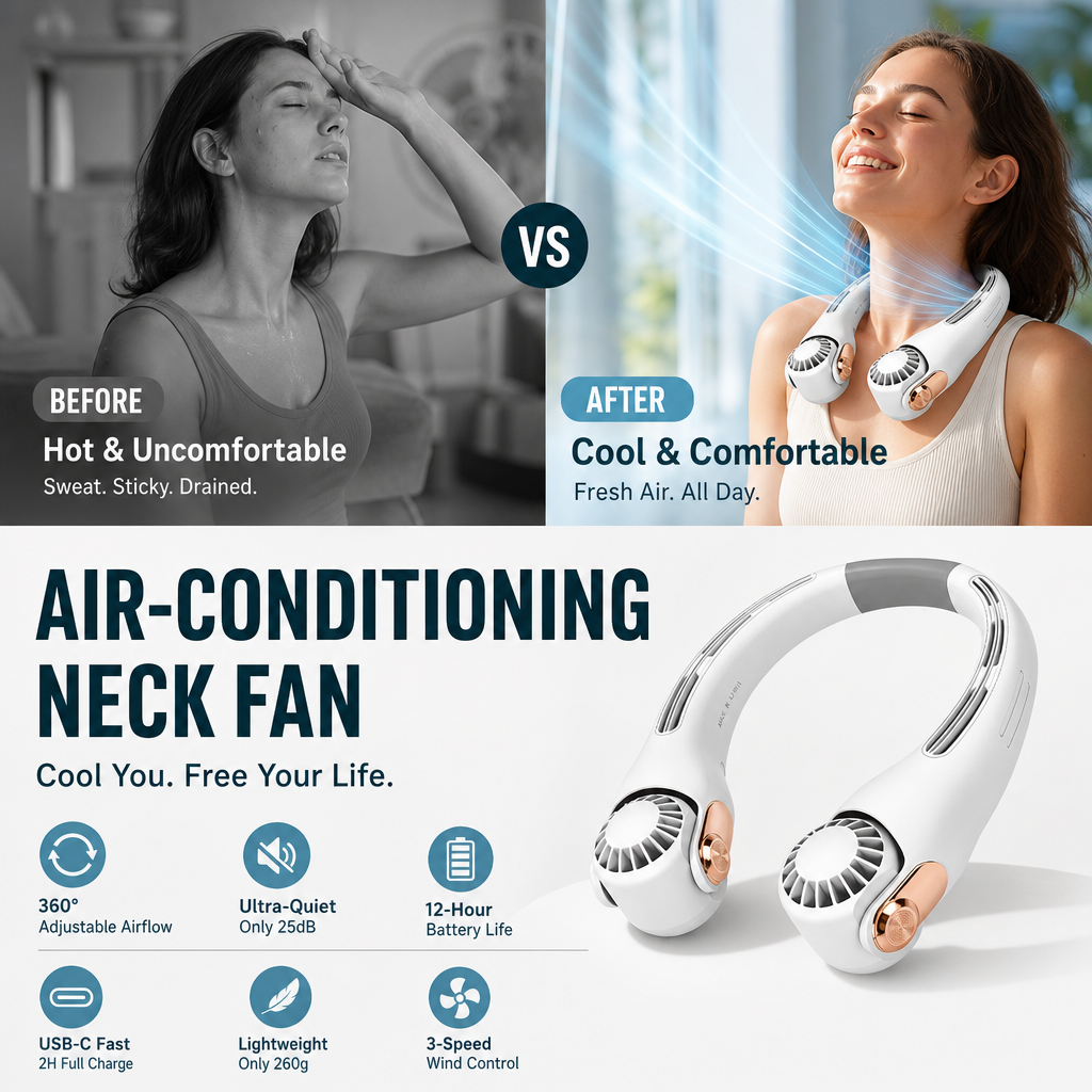 Ventilateur de cou portable – Ultra-silencieux, rotation à 360°, 3 vitesses. Refroidissement mains libres, longue autonomie de batterie. L'indispensable de l'été !