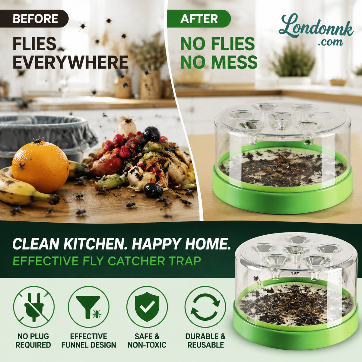 Piège à mouches réutilisable : sans électricité, sans poison ! Utilisation sûre dans la cuisine, autour des enfants et des animaux domestiques.
